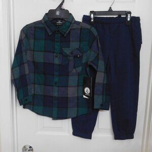NWT 2pc Volcom Green Navy Gray Plaid Flannel Shirt & Navy Joggers sz 7